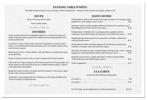 Evening menu Le Tartuffe restaurant